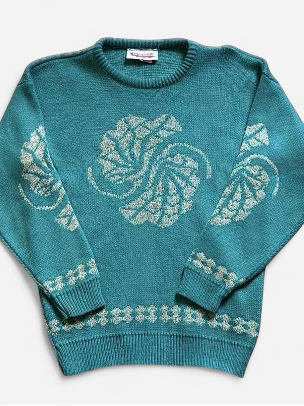Vintage 1980s Teal Sweater with Cream Floral Motif Medium